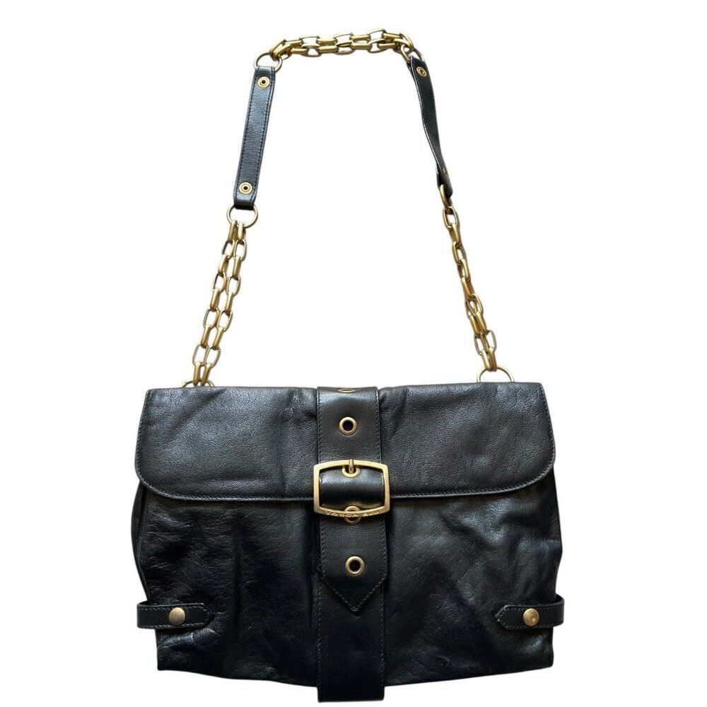 Tosca Blu Italy Black Leather Crossbody Bag Gold Chain Links Buckle Purse Vtg